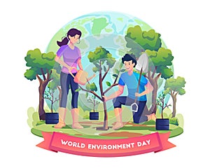 People plant and tend trees for environmental protection and nature care on World Environment Day vector illustration