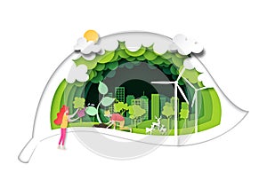 People plant the tree on green city with green leaf background layers paper art style