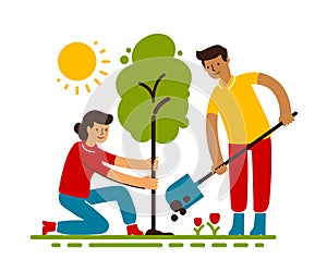 People plant trees in flat cartoon style. Saving environment, care for ecology of nature