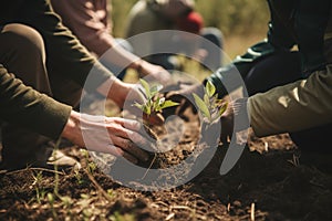 People planting seedlings into soil, volunteers working with saplings, generative AI