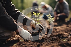 People planting seedlings into soil, volunteers working with saplings, generative AI