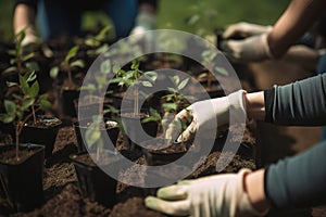 People planting seedlings into soil, volunteers working with saplings, generative AI