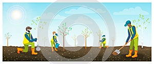 People planting trees in brown fertile soil. horizontal vector flat illustration. teenagers or volunteers is seeding and watering