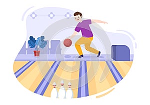 People Play Bowling Game Hand Drawn Cartoon Flat Design Illustration with Pins, Balls and Scoreboards in a Sport Club or Activity photo