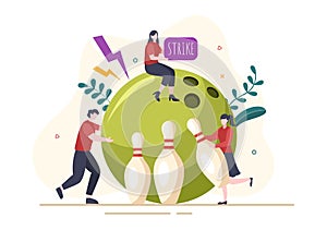 People Play Bowling Game Hand Drawn Cartoon Flat Design Illustration with Pins, Balls and Scoreboards in a Sport Club or Activity photo