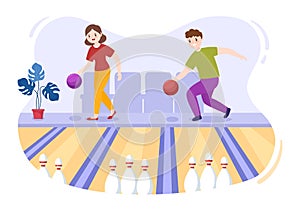 People Play Bowling Game Hand Drawn Cartoon Flat Design Illustration with Pins, Balls and Scoreboards in a Sport Club or Activity photo