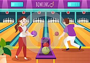 People Play Bowling Game Hand Drawn Cartoon Flat Design Illustration with Pins, Balls and Scoreboards in a Sport Club or Activity photo