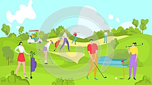 People play golf, young golfer, interesting active sport, men s club, fashionable lifestyle, cartoon style vector