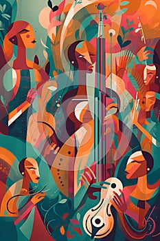 People play musical instruments, colorful abstraction