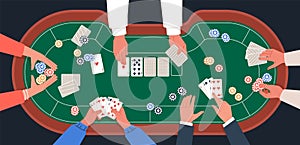 People play poker. Top view human hands with cards, casino gambling, bets and chips, game process, Vegas poker table