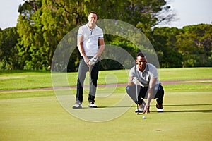 People, play and watch golf ball for sport, fitness or health in outdoor competition on summer day. Men, training and