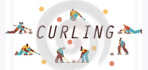 People playing curling sport game vector typography banner design, cartoon competition with curling stone and broom