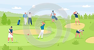 People playing golf on course, professional golfers with clubs. Men and women golfer characters on field, golf