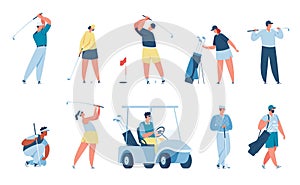 People playing golf, golfer characters with golfing equipment. Men and women golfers hitting ball, driving cart, sport