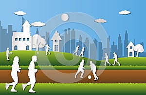 People playing sport with fresh green city background in paper cut style