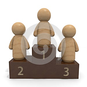 People on the podium. Winners and losers. 1st, 2nd and 3rd place. 3D rendering