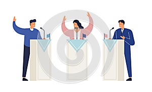 People politicians standing on tribunes with raising hands vector isometric illustration. Man and woman at political photo