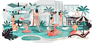 People at pool party in city, young men and women having fun, vector illustration