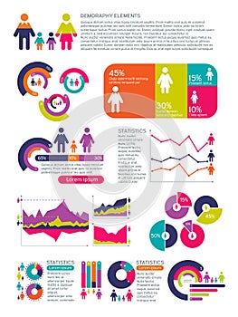 People population vector infographics with business charts, diagrams and man woman icons. Global economic concept