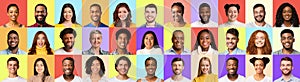 People Portraits Of Diverse Men And Women, Colorful Backgrounds, Collage photo