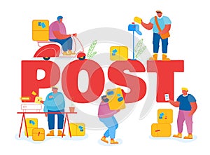 People in Post Office Concept. Postmen Deliver Letters and Parcels Packages to Customers. Mail Delivery Service