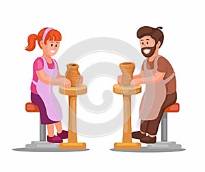 People in potter class making clay vase, craft handmade artist illustration vector
