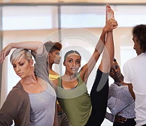 People, practice and ballet in dance studio with teamwork for workout, exercise or contemporary routine. Friends