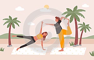 People practice yoga on beach vector illustration, cartoon happy young family or couple characters doing yoga exercises