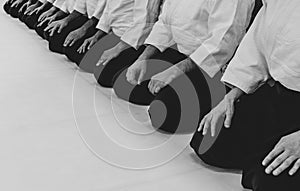 People practicing aikido in a dojo background.