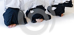 People practicing aikido in a dojo background.