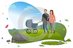 People with Pram, Family Stroll in Park Nature