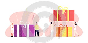 People with present box. Birthday gift, man woman carry holiday parcel with bows. Surprise illustration, loyalty program