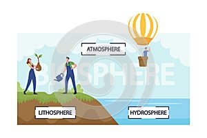 People Presenting Biosphere Infographics. Earth Atmosphere, Lithosphere and Hydrospehre. Tiny Characters Watering Plants