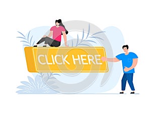 People press button with text click here. Click button for app and web design.
