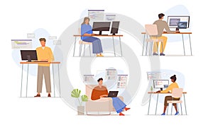people IT programmers. software development computers, script coding php, javascript languages concept, technology