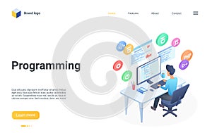 People programming isometric landing page, coder working with code script program