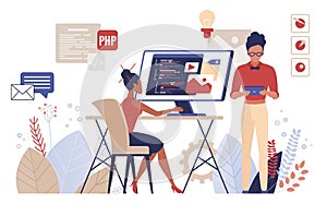 People programming vector illustration, cartoon flat man woman programmer developers work, coder characters create