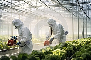 People in protective suits and a mask use a sprayer for plants