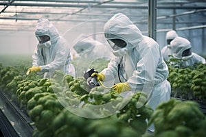 People in protective suits and a mask use a sprayer for plants