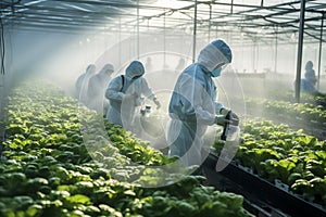 People in protective suits and a mask use a sprayer for plants