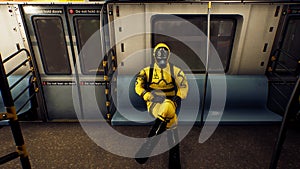 People in protective suits ride a commuter train during a pandemic. The concept of a post-apocalyptic world during a