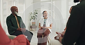 People, psychology or therapy meeting in group for wellness with mental health, help or discussion. Circle