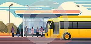 people at public transport bus station comfortable moving concept horizontal cityscape background