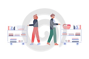 People push trolleys with detergents and clean ironed linen cartoon vector illustration