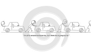 People pushing petrol car and talking about climate , Vector Gag Cartoon Stick Figure Illustration