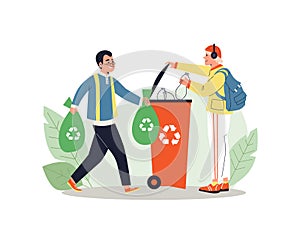 People put sorted garbage in recycling bin, flat vector illustration isolated.