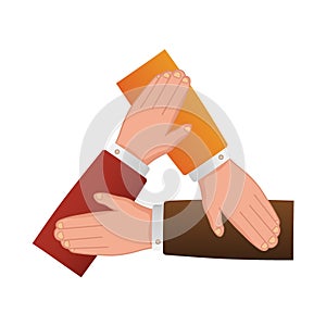 People putting hands together isolated cartoon design. Business team expressing unity vector illustration in flat style