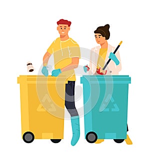 People putting rubbish in trash bins. Cartoon man and woman sorting garbage. Characters separate plastic and organic