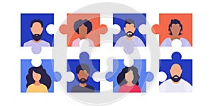 People in a puzzle collage. Flat style. Vetkaran illustration.