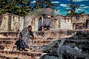 People on pyramid at the Maya city of Zaculeu photo